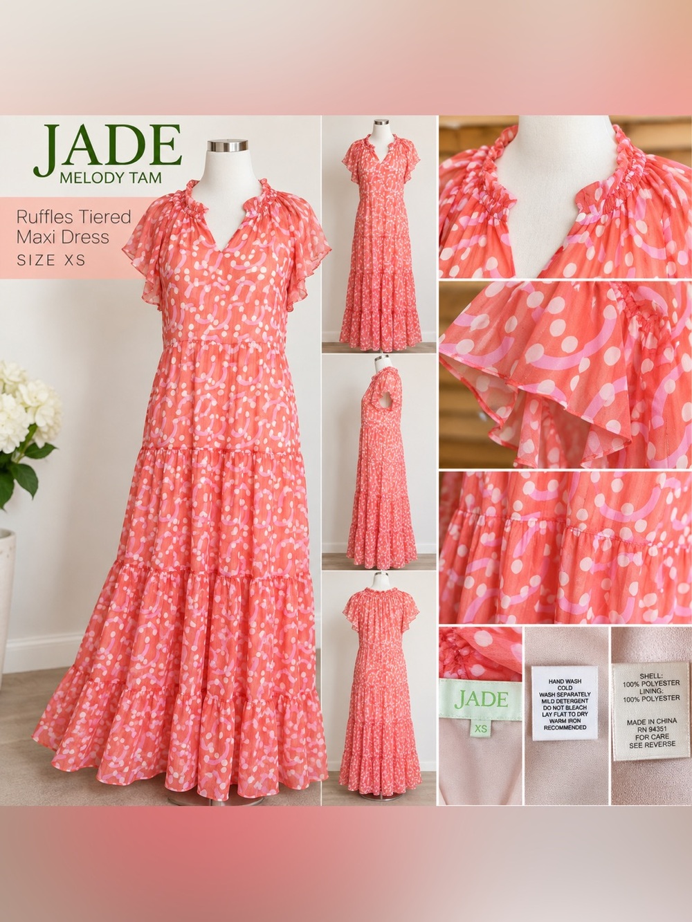 NWT Jade Melody Tam Coral Pink Patterned Tiered Maxi Dress — Size XS